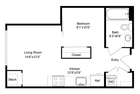 Floor plan for 1 bed, 1 bath, 488 sqft